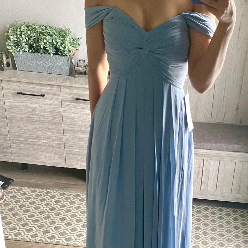 Dusty blue strapless long dress